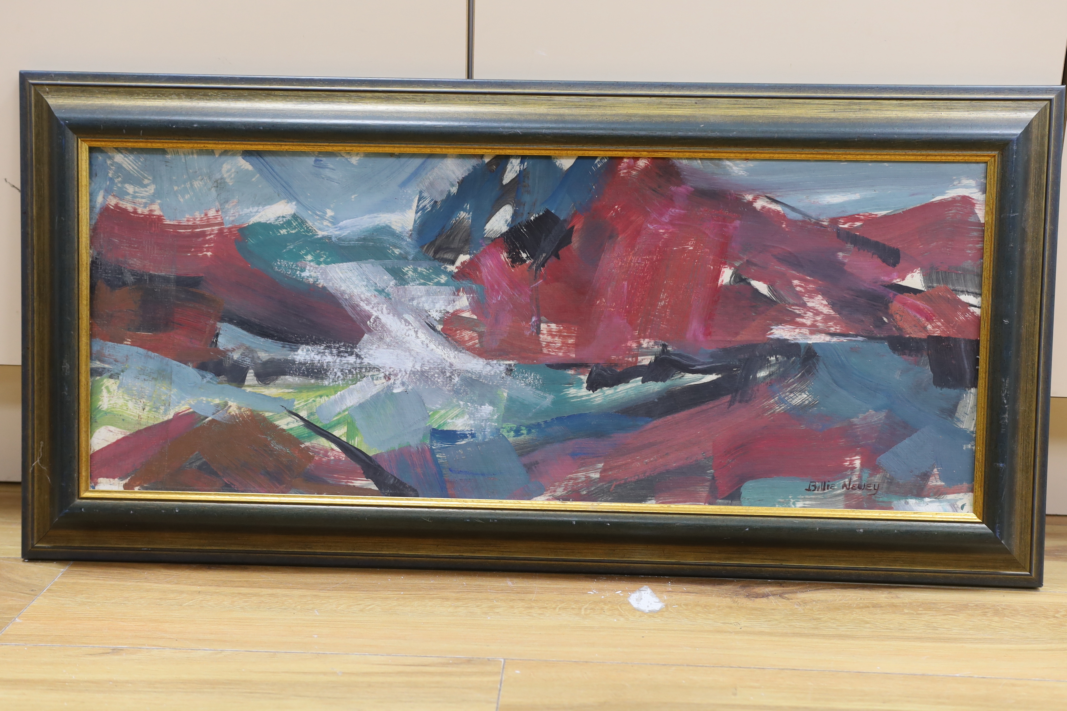 Billie Newey (Contemporary), acrylic on board, 'L'Etacqui', signed, J J Fox Art Competition inscribed label verso, 75cm x 30cm